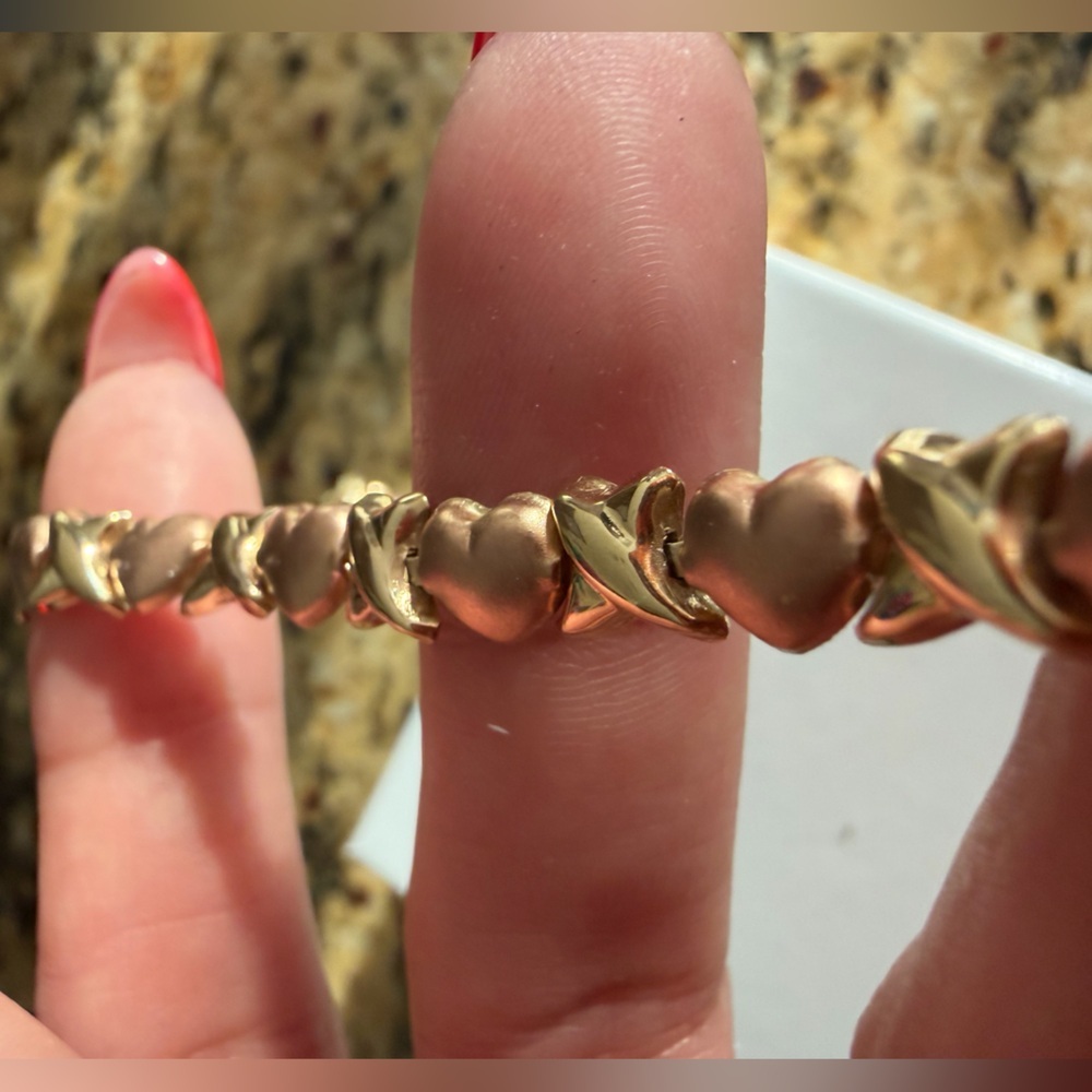 10K Solid Gold X & Heart Link Bracelet Two Tone Rose Gold 7” with Gift Box - Picture 7 of 16